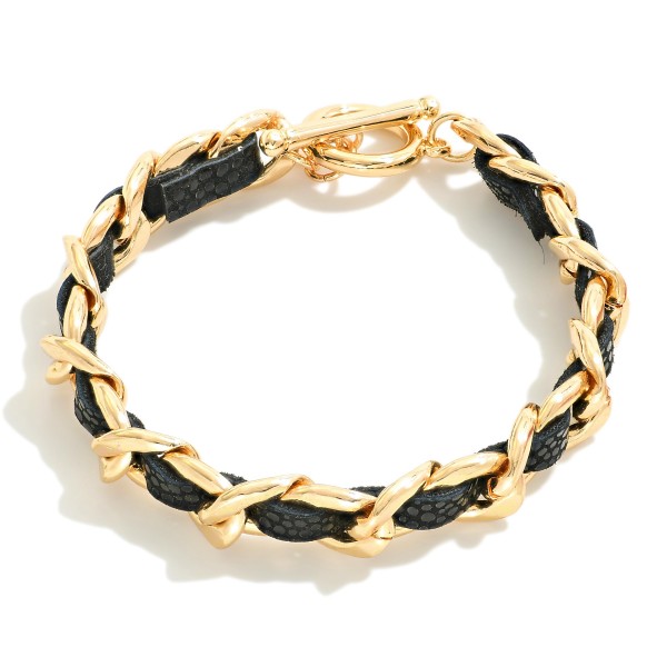 Wholesale gold Chain Link Bracelet Inner Woven Glitter Leather Strap T Bar Closu