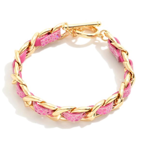 Wholesale gold Chain Link Bracelet Inner Woven Glitter Leather Strap T Bar Closu