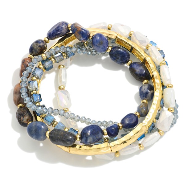 Wholesale set Five Beaded Stretch Bracelets Gold Tones Stones Faceted Beads D