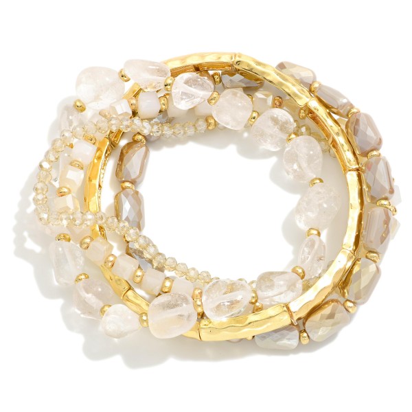 Wholesale set Five Beaded Stretch Bracelets Gold Tones Stones Faceted Beads D