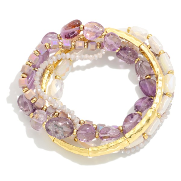 Wholesale set Five Beaded Stretch Bracelets Gold Tones Stones Faceted Beads D