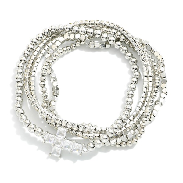 Wholesale set Five Rhinestone Metal Beaded Stretch Bracelets Rhinestone Cross Ch