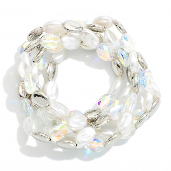 Wholesale set Five Oval Beaded Stretch Bracelets Pearl Metal Faceted Beads D