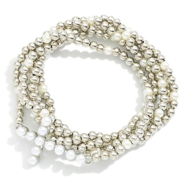 Wholesale set Five Metal Pearl Beaded Stretch Bracelets Pearl Studded Cross Char