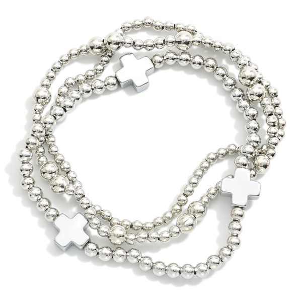Wholesale set Three Metal Beaded Stretch Bracelets Dainty Metal Cross Beads D