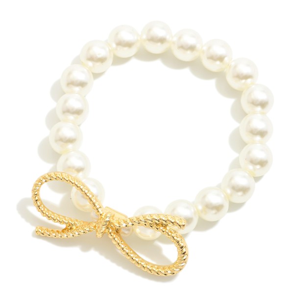 Wholesale pearl Beaded Stretch Bracelet Metal Rope Bow D