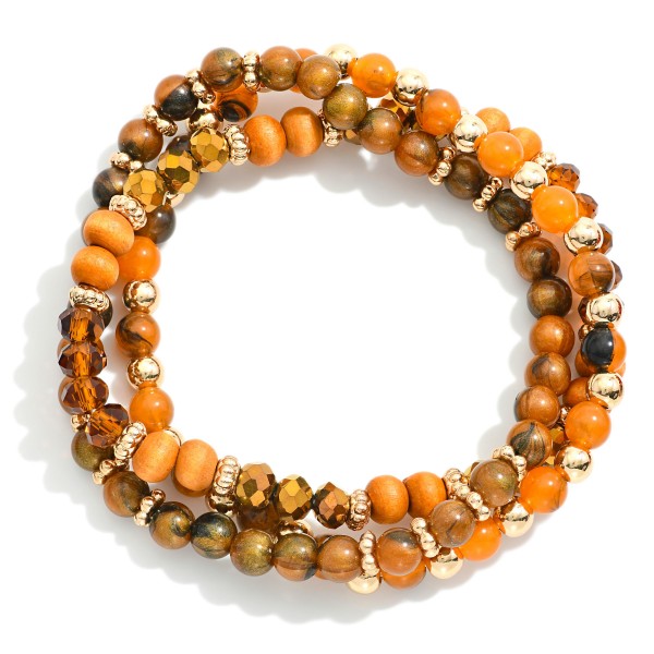 Wholesale set Three Natural Stone Beaded Stretch Bracelets Wood Faceted Bead Det