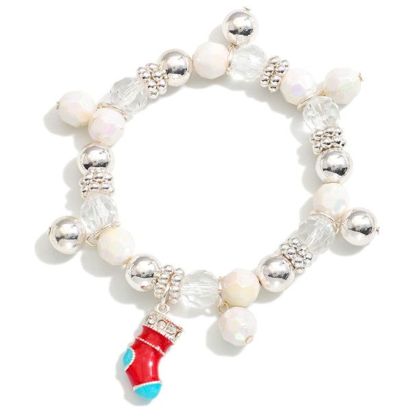 Wholesale beaded Stretch Bracelet Silver Tones Christmas Stocking Charm D