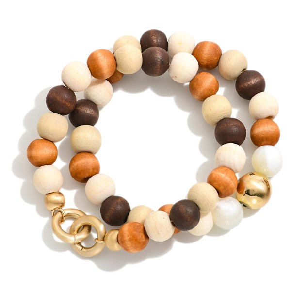Wholesale two Wood Beaded Stretch Bracelets Brushed Gold Marble Bead Bracelets D