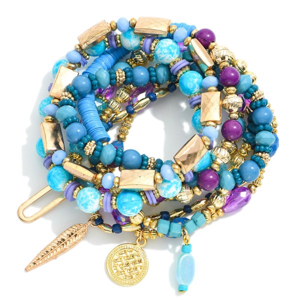 Wholesale set Eight Beaded Stretch Bracelets Gold Tones Speckled Beads Heishi Be