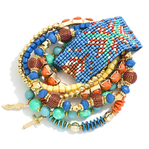 Wholesale set Seven Beaded Stretch Bracelets Gold Tones Seed Beads Faceted Beads