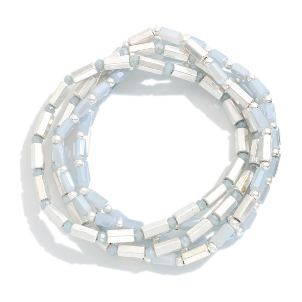 Wholesale set Five Cushion Cut Metal Hexagonal Tube Beaded Stretch Bracelets D
