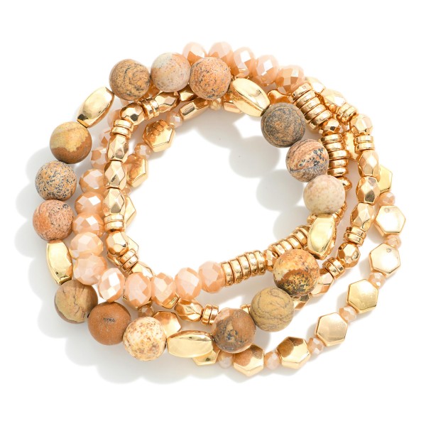 Wholesale set Four Mixed Media Beaded Stretch Bracelets Semi Precious Natural St
