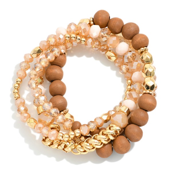 Wholesale set Four Mixed Media Beaded Stretch Bracelets Wood Faceted Metal Glass