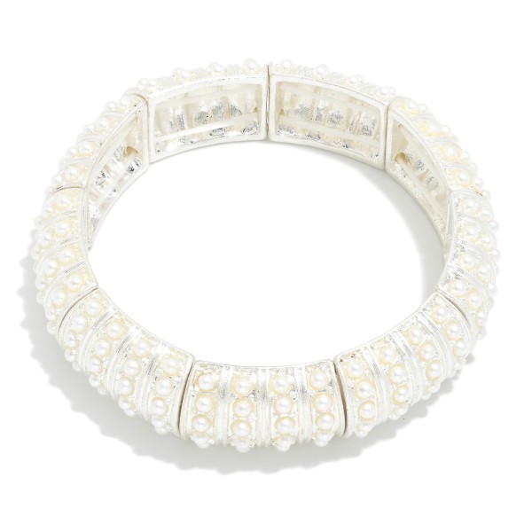 Wholesale pearl Studded Linked Segmented Metal Stretch Bracelet D