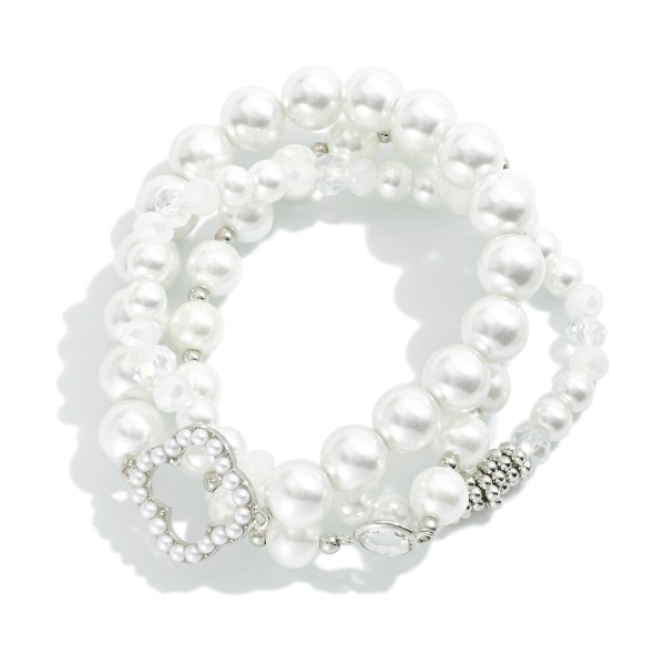 Set of Three Pearl Beaded Stretch Bracelets Featuring Glass Crystal and Pearl Studded Clover Charms

- Approximately 2.5" D