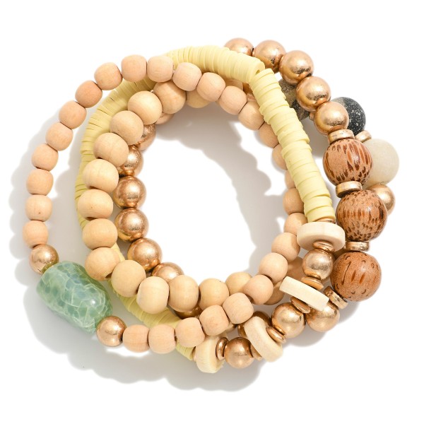 Wholesale set Four Beaded Stretch Bracelets Wood Natural Stone Heishi Beads D