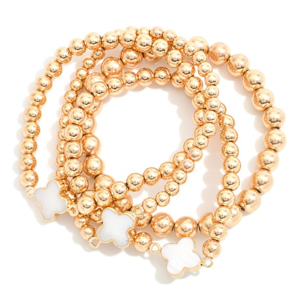Wholesale set Three Beaded Bracelets Metal Tones Pearl Clovers D