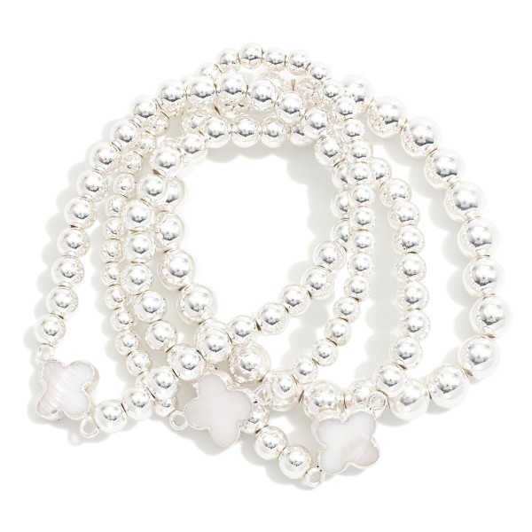 Wholesale set Three Beaded Bracelets Metal Tones Pearl Clovers D