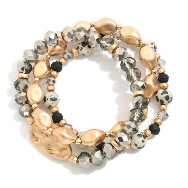 Wholesale set Three Beaded Bracelets Gold Tones Faceted Beads Speckled Stone D