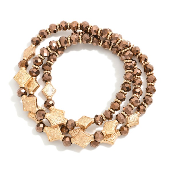 Wholesale set Three Beaded Bracelets Faceted Beads Gold Textured Triangle Beads