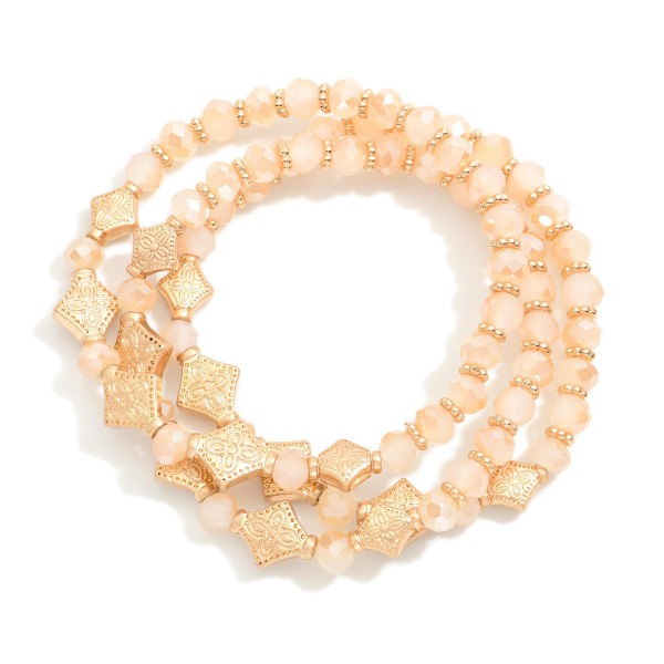 Wholesale set Three Beaded Bracelets Faceted Beads Gold Textured Triangle Beads