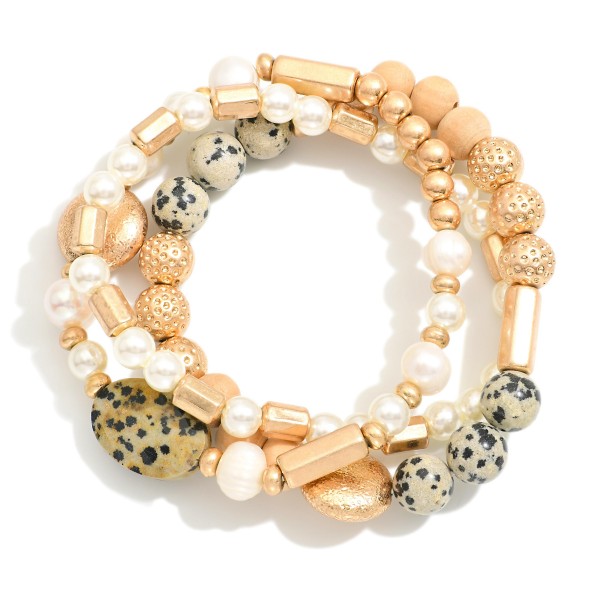 Wholesale set Three Beaded Bracelets Pearls Gold Tones Stones D