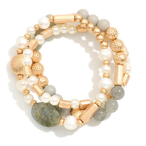 Wholesale set Three Beaded Bracelets Pearls Gold Tones Stones D