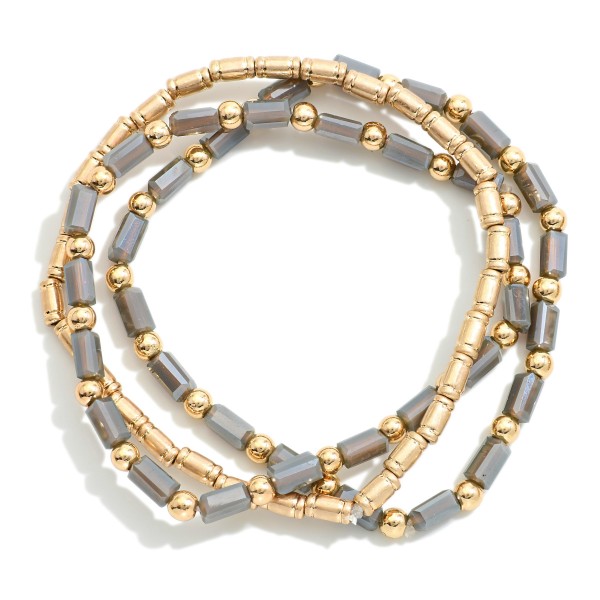 Wholesale set Three Beaded Stretch Bracelets Faceted Beads Metal Tones D