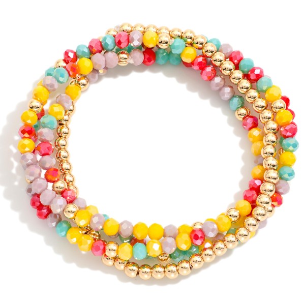 Wholesale set Four Dainty Beaded Stretch Bracelets Faceted Glass Beads Gold Bead