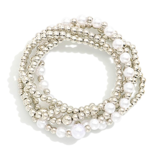 Wholesale set Five Beaded Stretch Bracelets Pearls Metal Tones D