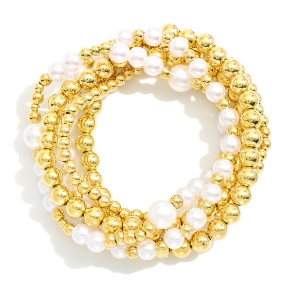 Wholesale set Five Beaded Stretch Bracelets Pearls Metal Tones D