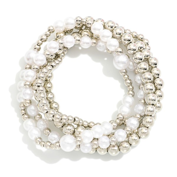 Wholesale set Five Beaded Stretch Bracelets Pearls Metal Tones D