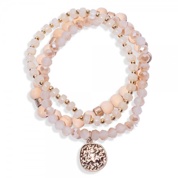 Wholesale set Three Beaded Bracelets Gold Tones Faceted Wood Beads D