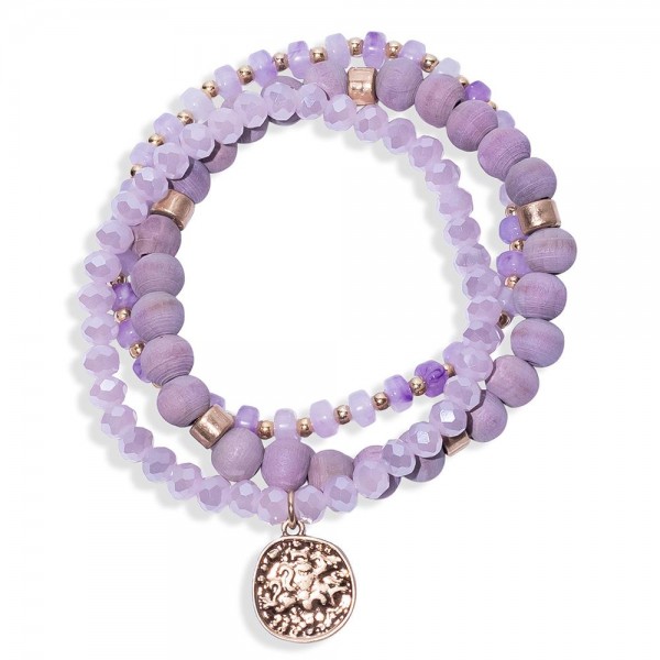Wholesale set Three Beaded Bracelets Gold Tones Faceted Wood Beads D