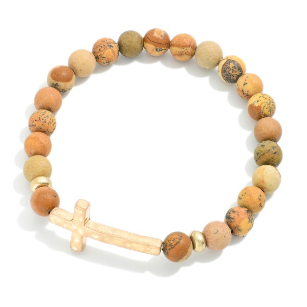 Wholesale stone Beaded Stretch Bracelet Hammered Metal Cross Station D