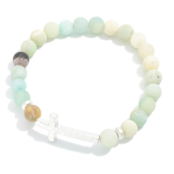 Wholesale stone Beaded Stretch Bracelet Hammered Metal Cross Station D