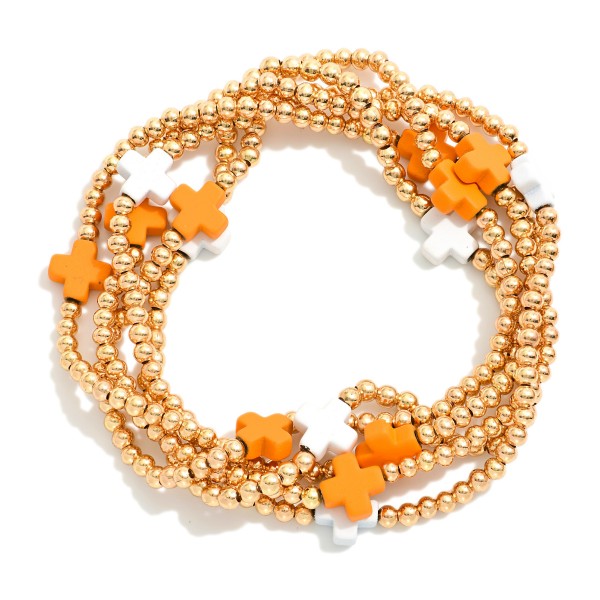Wholesale set Five Gold Beaded Stretch Bracelets Criss Cross Bead Stations D