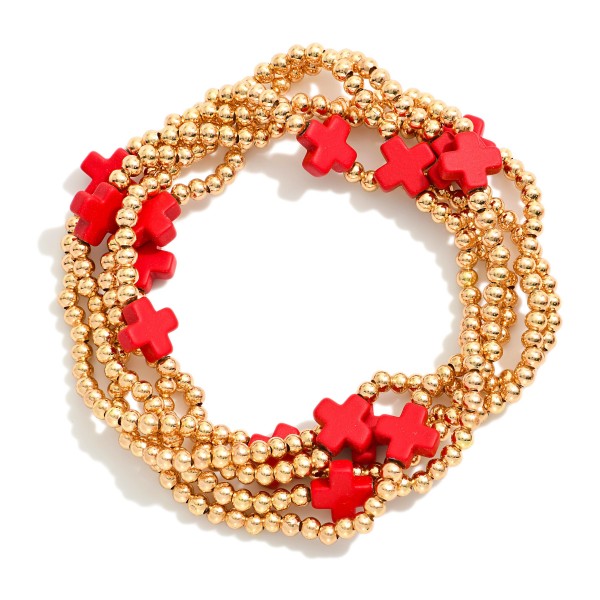 Wholesale set Five Gold Beaded Stretch Bracelets Criss Cross Bead Stations D