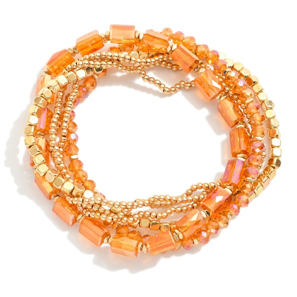 Wholesale set Six Beaded Stretch Bracelets Gold Tones Faceted Beads Glass Crysta