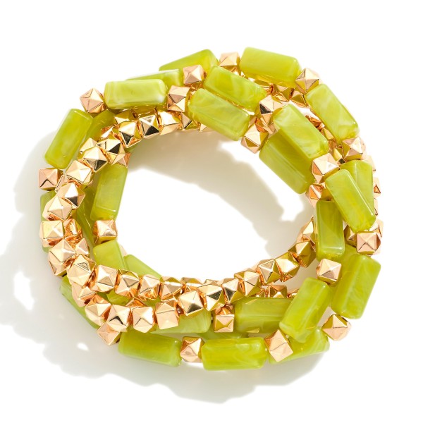 Wholesale set Five Beaded Stretch Bracelets Rectangle Glass Crystal Metal Pyrami