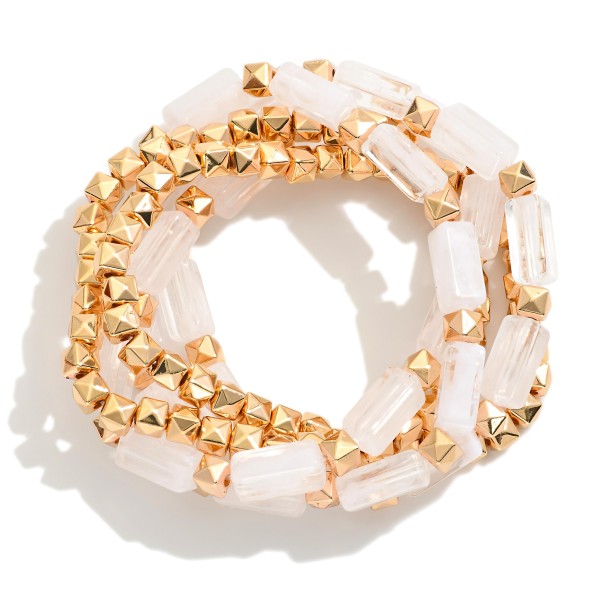 Wholesale set Five Beaded Stretch Bracelets Rectangle Glass Crystal Metal Pyrami