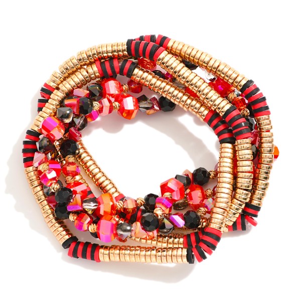 Wholesale set Six Beaded Stretch Bracelets Metal Tones Disc Faceted Beads D