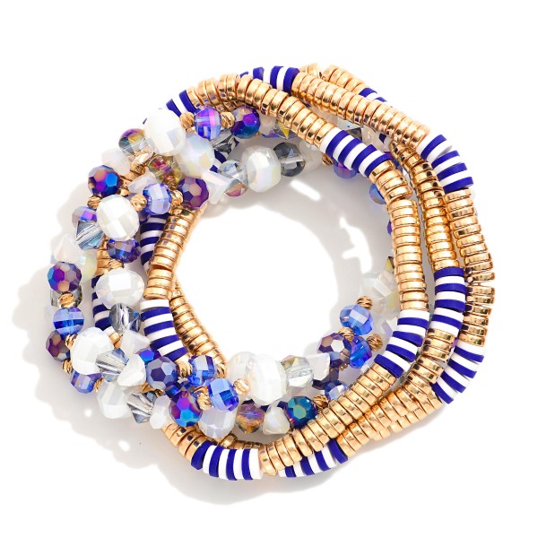 Wholesale set Six Beaded Stretch Bracelets Metal Tones Disc Faceted Beads D