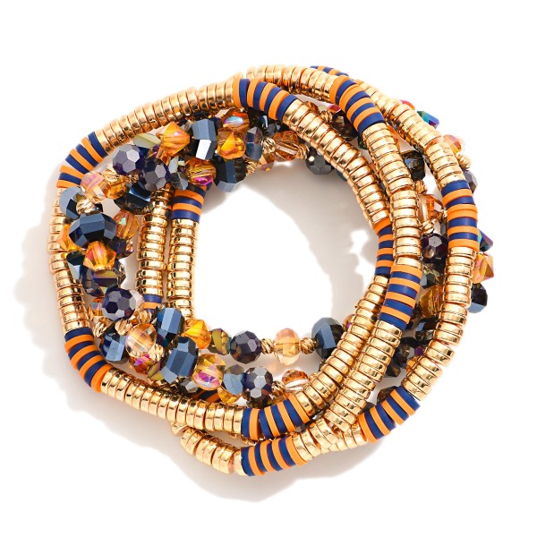 Wholesale set Six Beaded Stretch Bracelets Metal Tones Disc Faceted Beads D