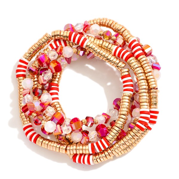 Wholesale set Six Beaded Stretch Bracelets Metal Tones Disc Faceted Beads D