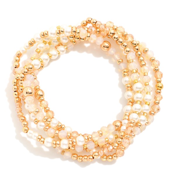 Wholesale set Five Beaded Stretch Bracelets Metal Tones Faceted Beads Pearls D