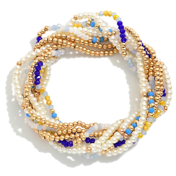 Wholesale set Nine Petite Bead Beaded Stretch Bracelets Pearls Metal Tones Facet