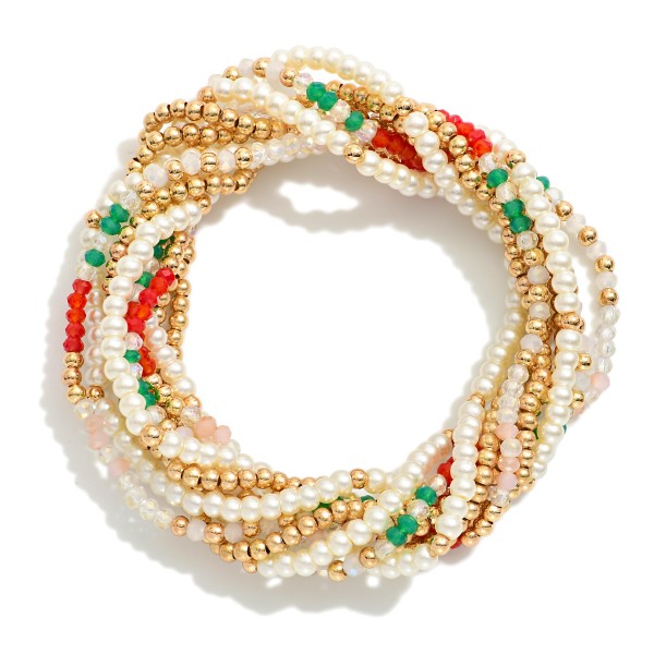 Wholesale set Nine Petite Bead Beaded Stretch Bracelets Pearls Metal Tones Facet