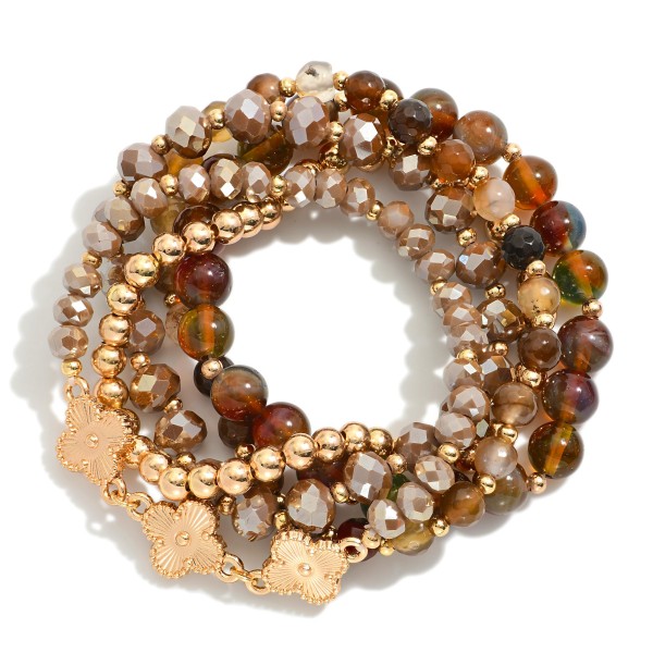 Wholesale set Five Beaded Stretch Bracelets Marble Beads Metal Tones Clovers D